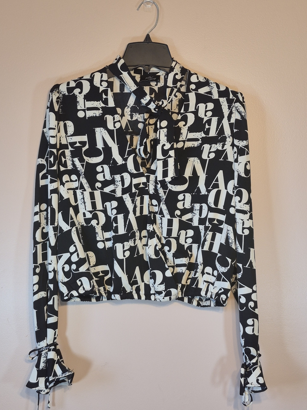 Letter-Print Black & White Tie-Neck Blouse